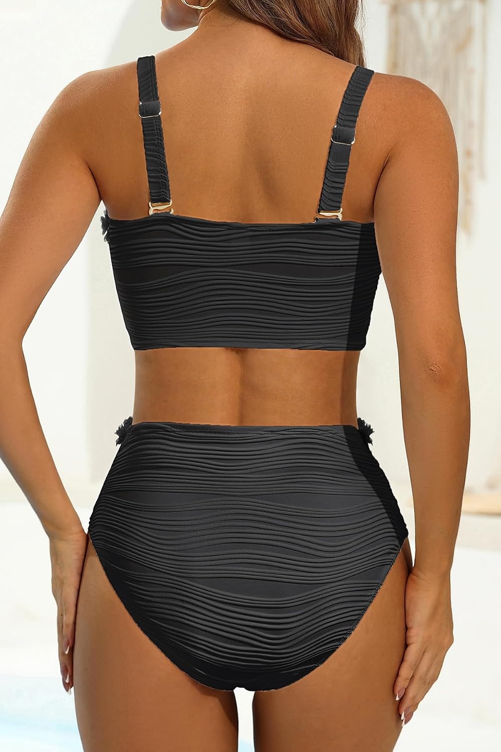 High Waisted Bandeau Bikini Set – Ribbed Strapless Two Piece Swimsuit | Secure bandeau top with straps. High waist bottom for comfortable coverage. Full coverage back for confident wear.(Mesh-black)