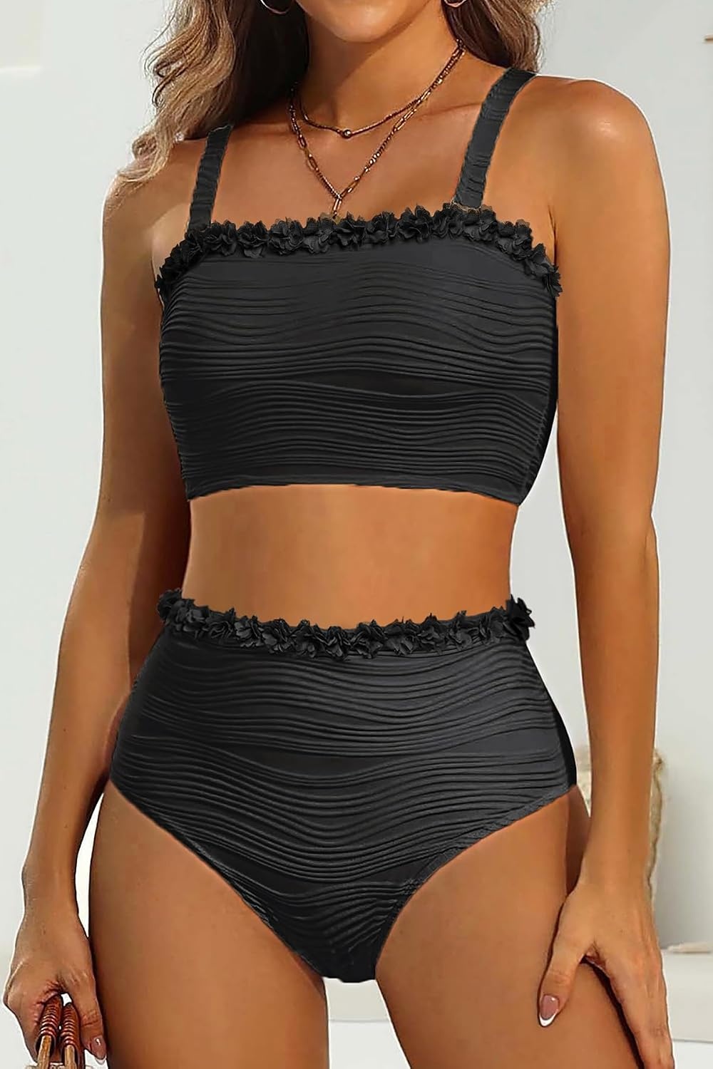 High Waisted Bandeau Bikini Set – Ribbed Strapless Two Piece Swimsuit | Secure bandeau top with straps. High waist bottom for comfortable coverage. Full coverage back for confident wear.(Mesh-black)