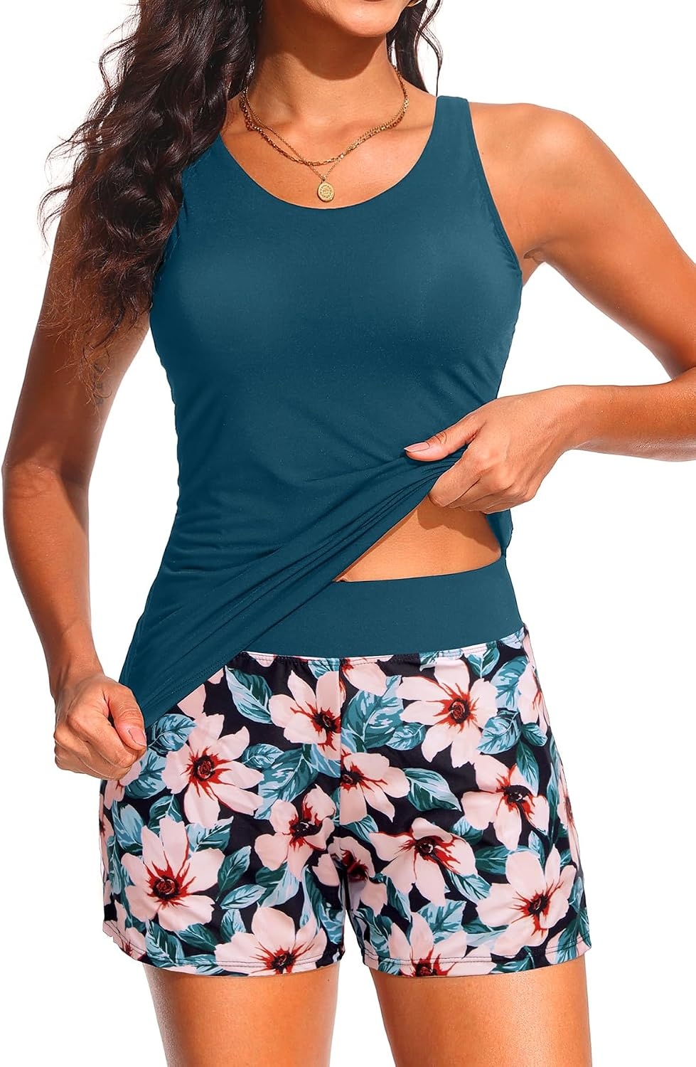 Tankini Swimsuits with Shorts – Two Piece Swimsuits Tummy Control Bathing Suits with Two Side Pockets 2025(Teal Floral)