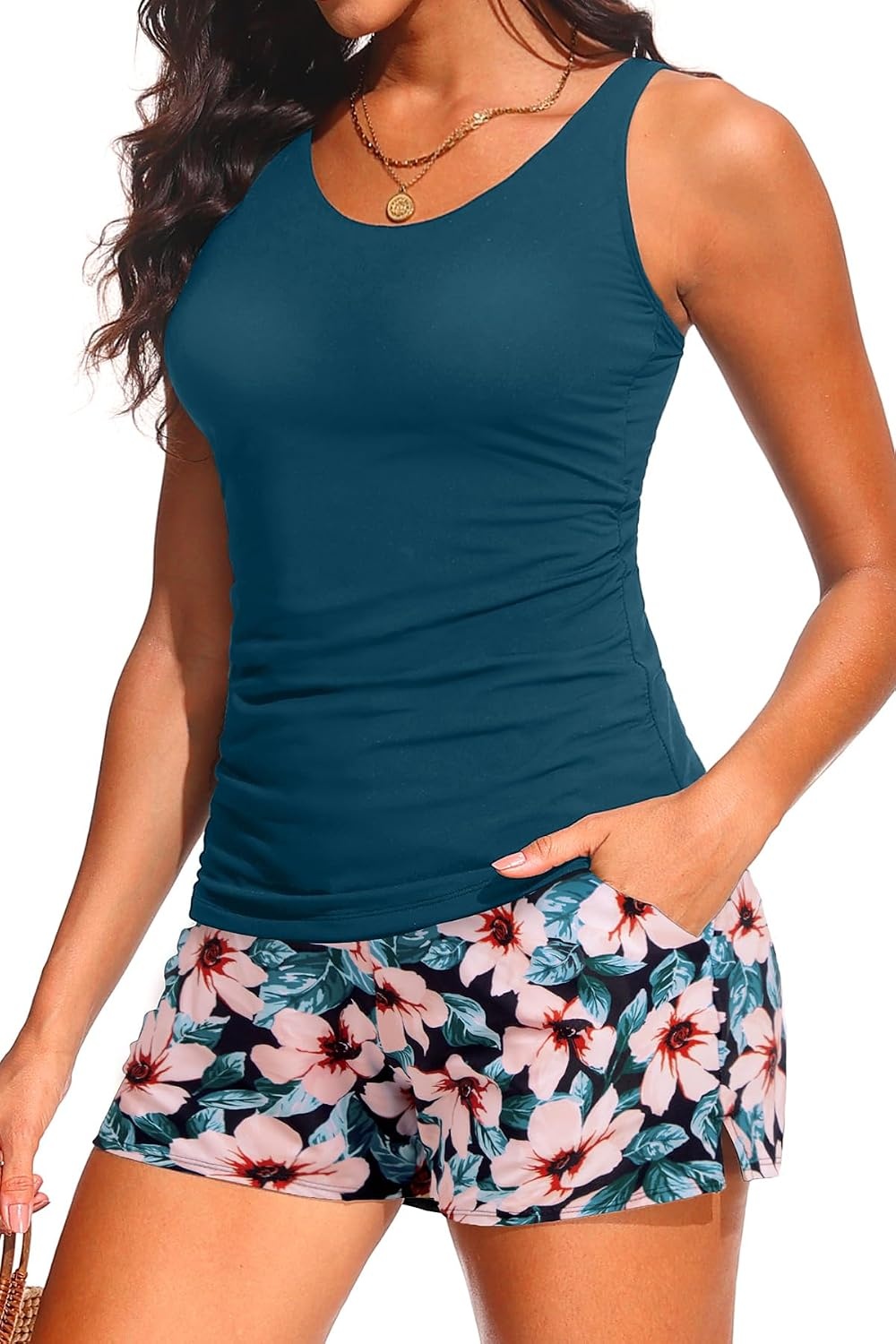Tankini Swimsuits with Shorts – Two Piece Swimsuits Tummy Control Bathing Suits with Two Side Pockets 2025(Teal Floral)