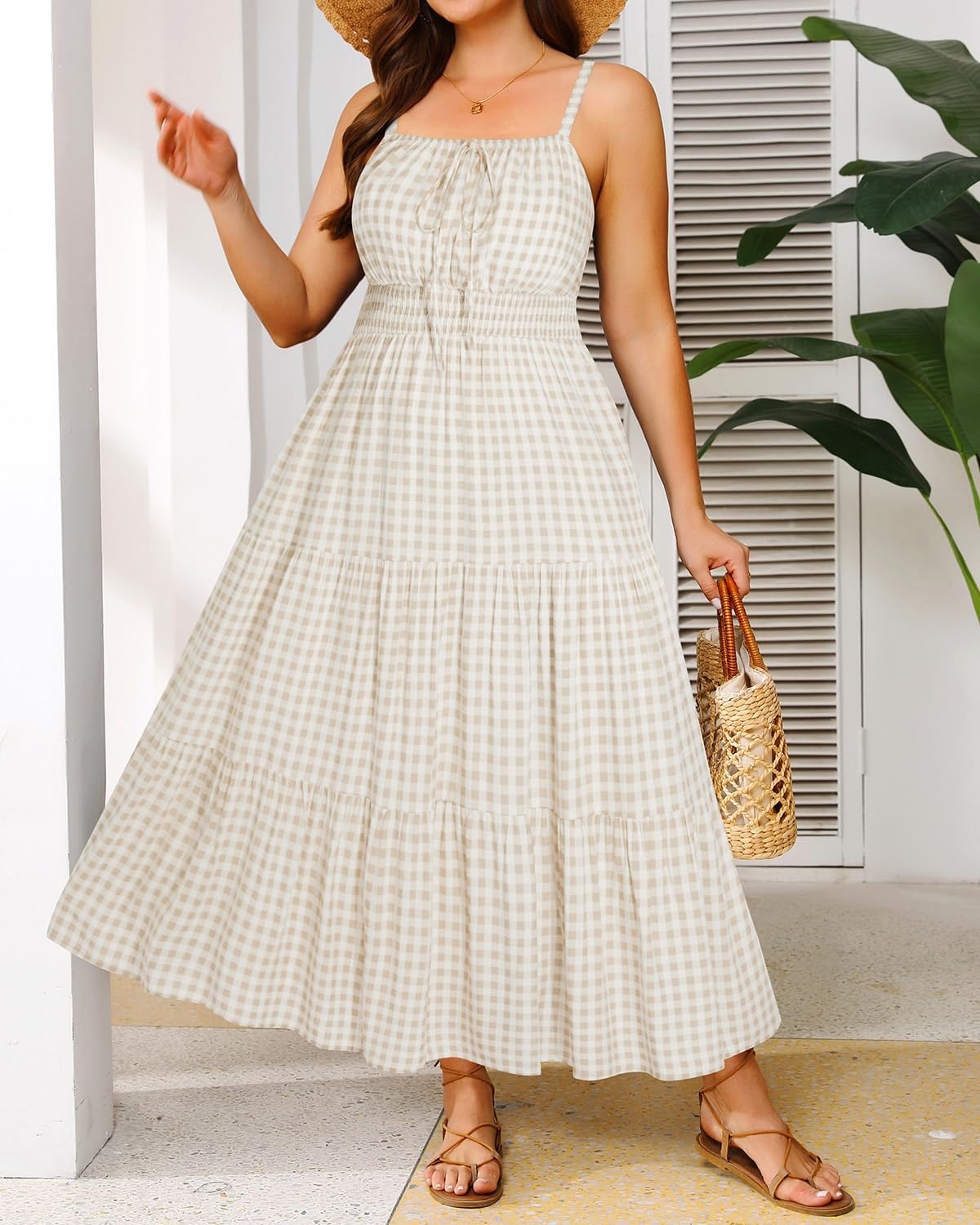Talisea Plus Size Summer Dress – Boho Spaghetti Strap Maxi Dress Women(Beige Plaid)