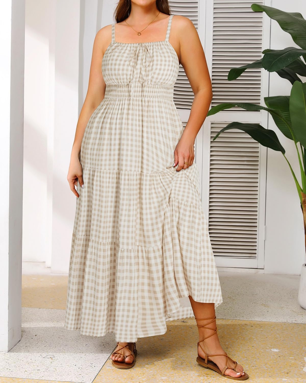 Talisea Plus Size Summer Dress – Boho Spaghetti Strap Maxi Dress Women(Beige Plaid)