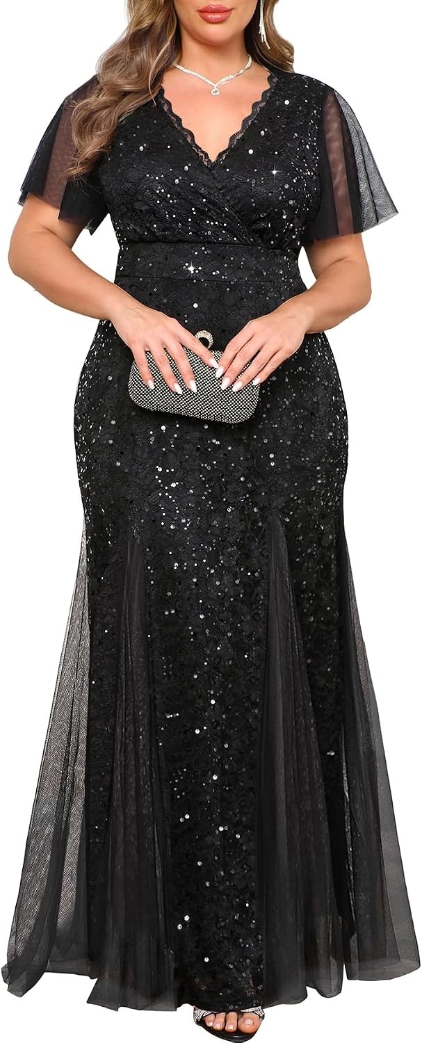 Plus Size Formal Dress Sequin Lace Mermaid Wedding Guest Maxi Gown(Black)