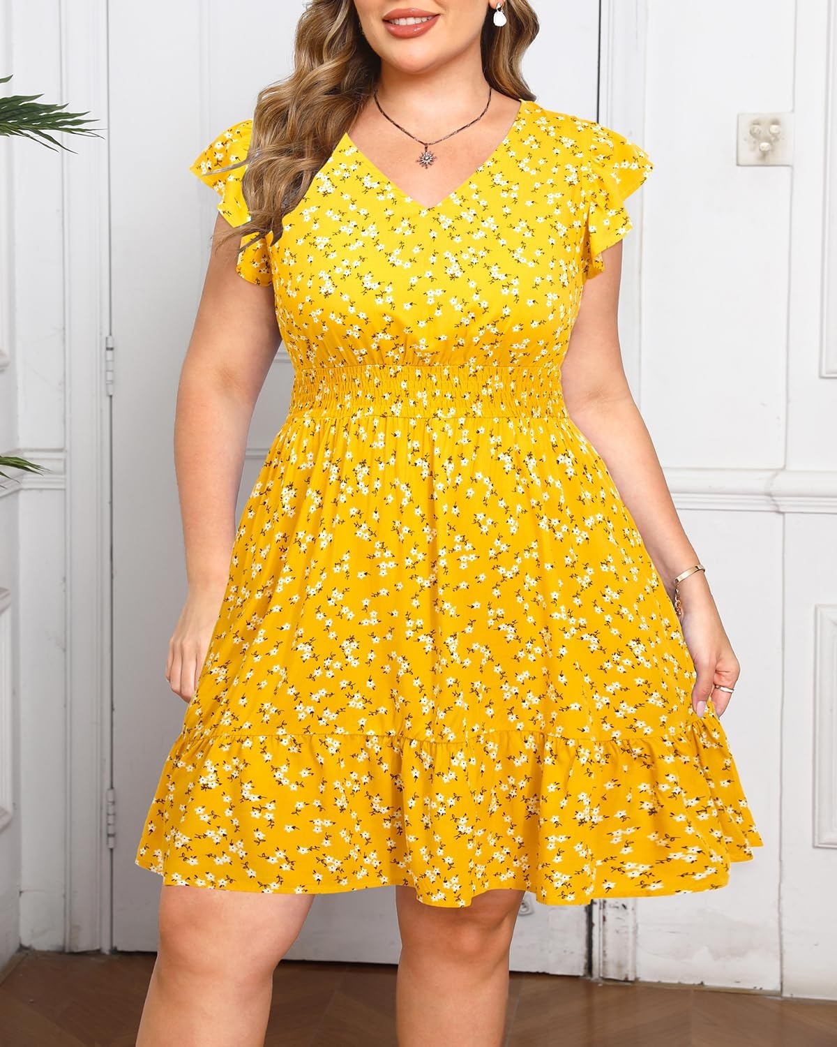 Talisea Womens Plus Size V Neck Ruffle Sleeve Flowy Summer Dress | V neckline / ruffle sleeves / tiered A-line hem / smocked waist / functional pockets / flowy short silhouette(Yellow Floral)