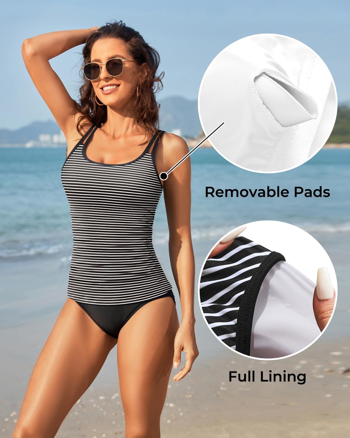 Women Tankini Swim Top Only – Tummy Control Swimsuit Bathing Suit Top | Smooths your tummy for a flattering fit Adjustable straps for a customized feel Removable pads for customizable coverage(Black Striped)