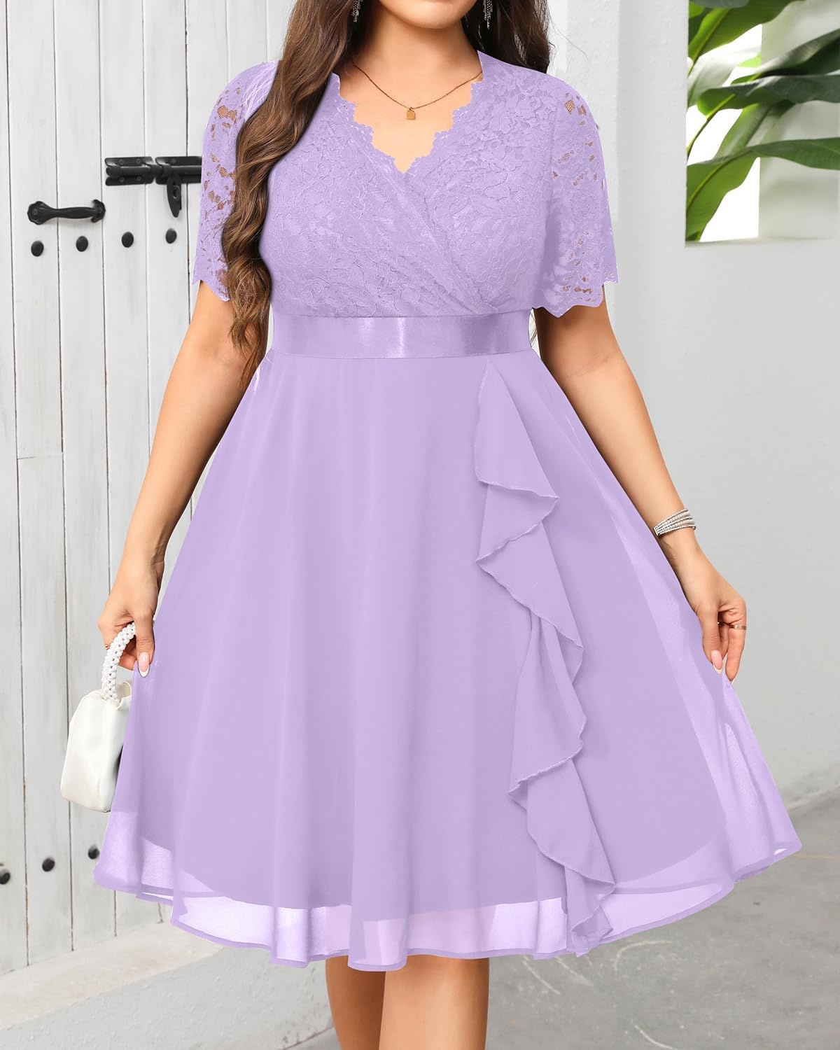Talisea Plus Size Wedding Guest Dress – Formal Cocktail Party Ruffle Elegant Tea Length Lace Chiffon V Neck Midi Dresses(Lavender)