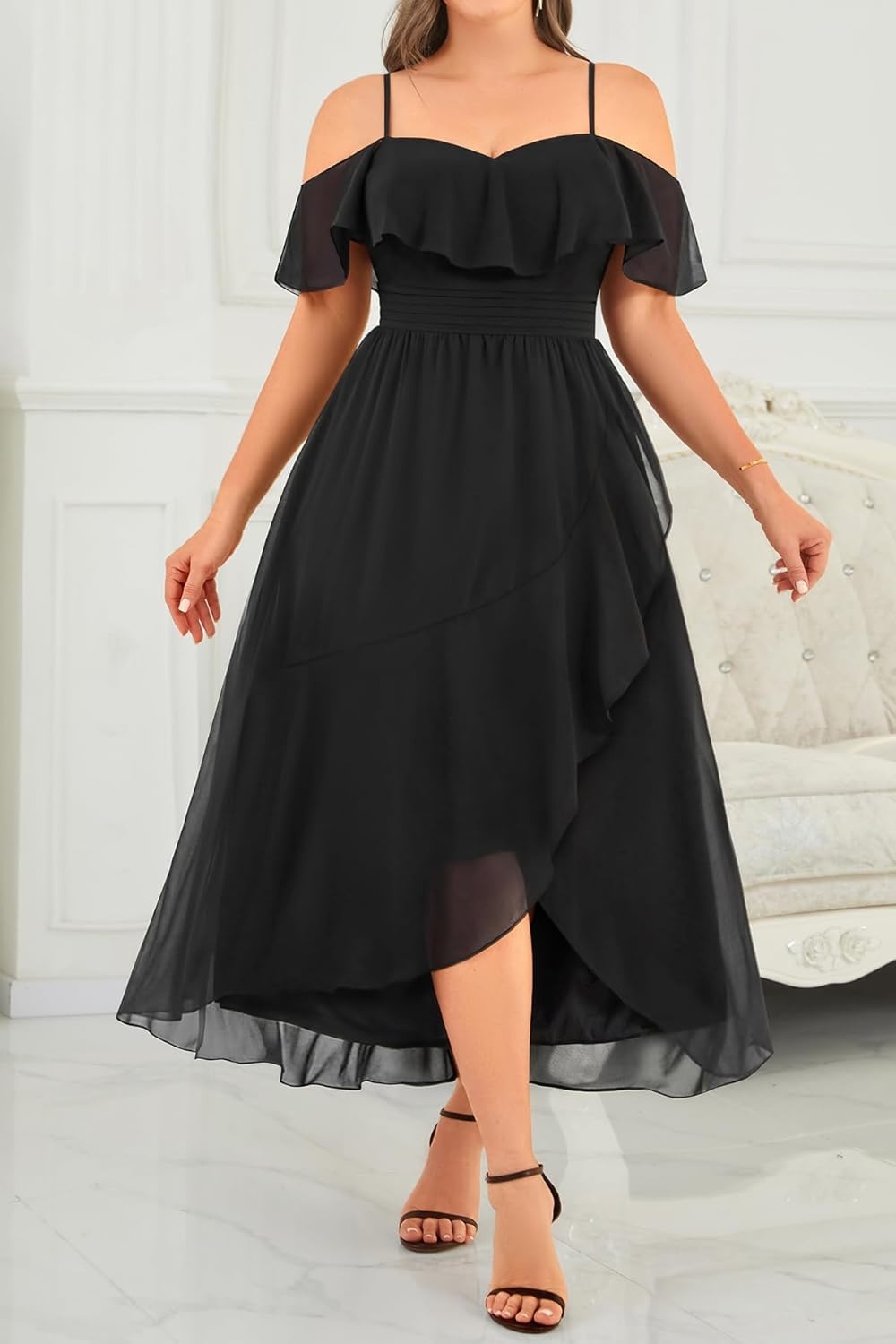 Talisea Plus Size Dresses Wedding Guest – Formal Off The Shoulder Bridesmaid Chiffon Ruffle Long High Low Dress Curvy Women(Black)