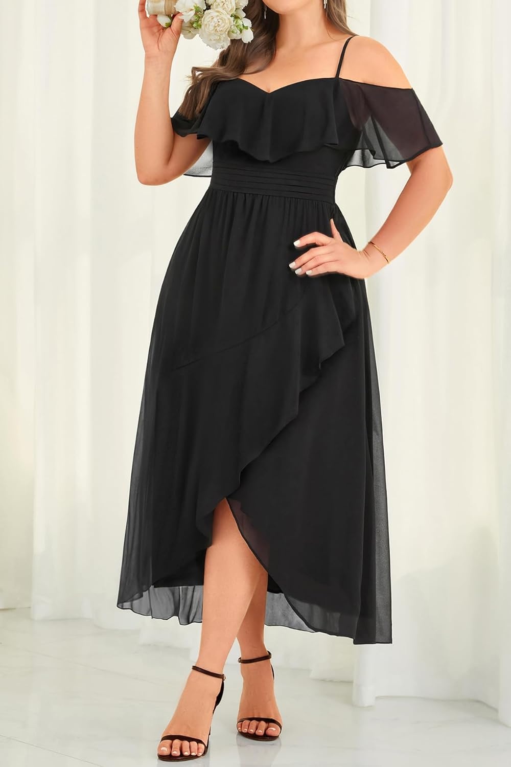 Talisea Plus Size Dresses Wedding Guest – Formal Off The Shoulder Bridesmaid Chiffon Ruffle Long High Low Dress Curvy Women(Black)