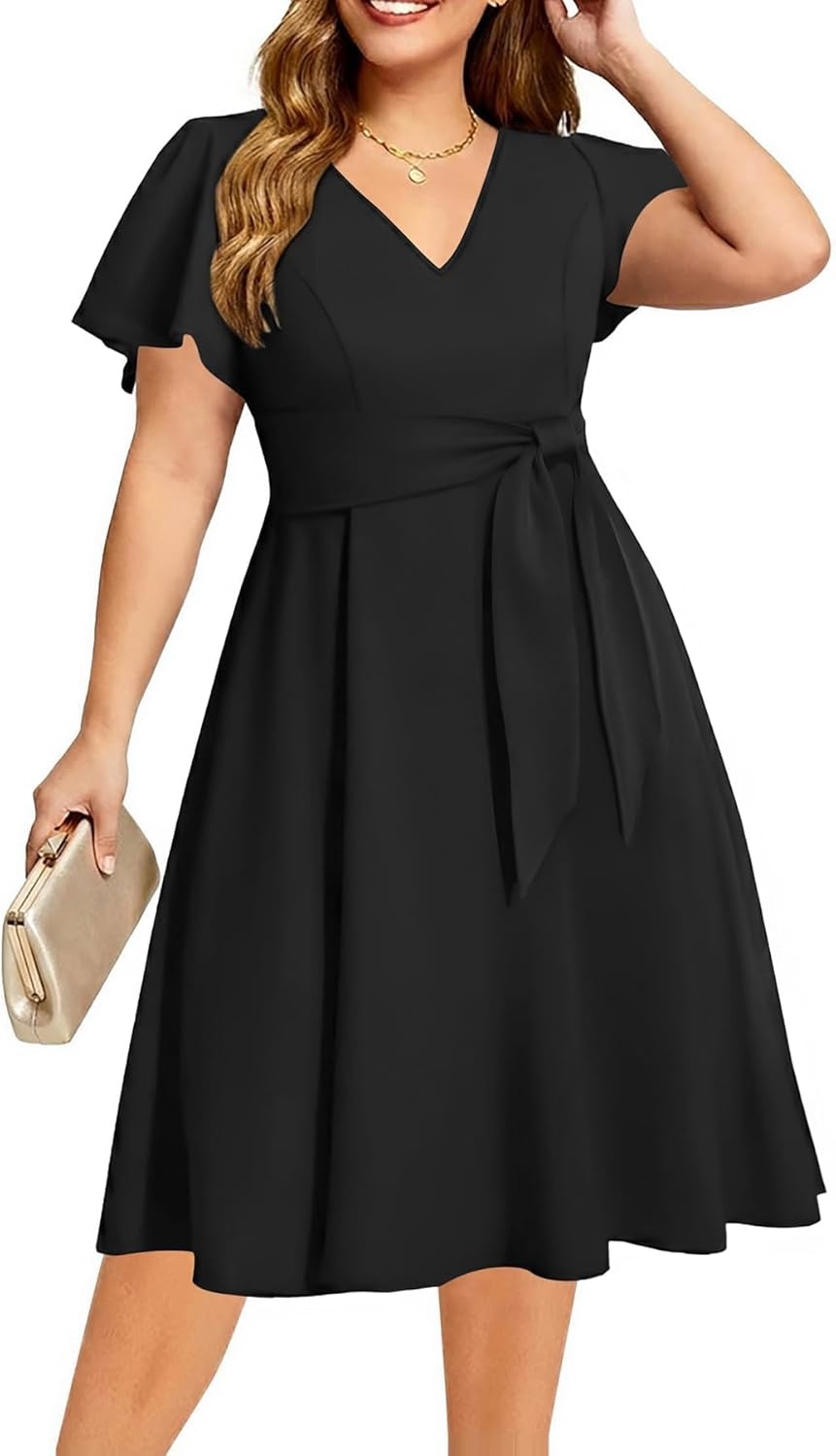 Plus Size Wedding Guest Dress – Cocktail Formal Fall Short Sleeve V Neck A-Line Midi Dresses for Women 2025(Black)