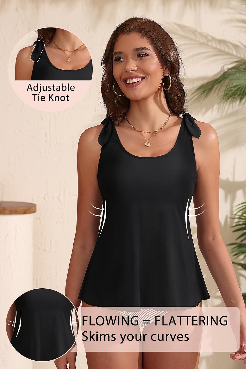 Women’s Flowy Tankini Top Only- Modest Swimsuit Top Tie Knot Bathing Suit No Bottom 2025(Black)