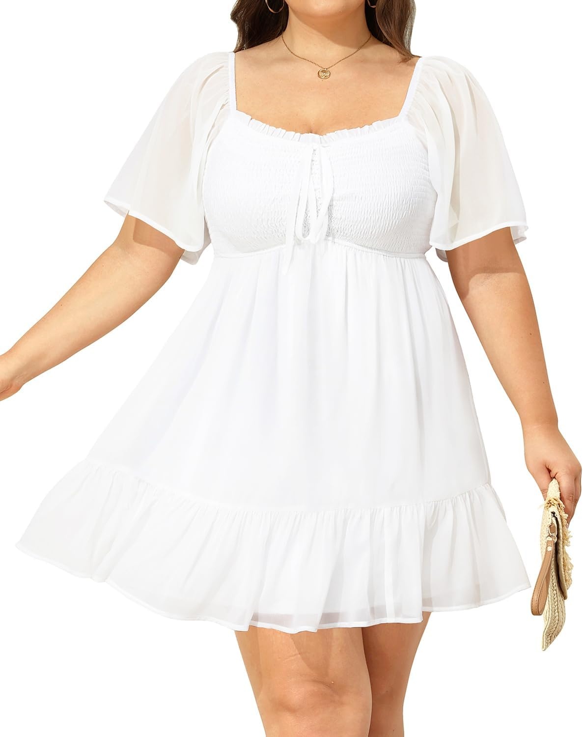 Talisea Plus Size Women’s Sweetheart Neckline Dress Smocked Short Summer Sundress Chiffon Mini Cute Graduation Dresses(White Short Sleeve)