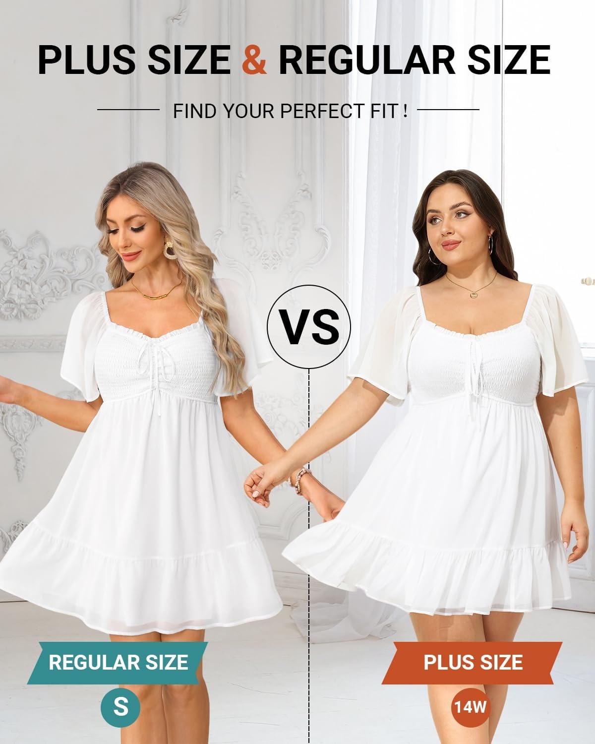 Talisea Plus Size Women’s Sweetheart Neckline Dress Smocked Short Summer Sundress Chiffon Mini Cute Graduation Dresses(White Short Sleeve)