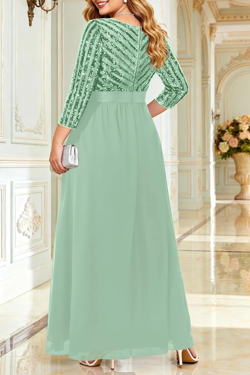Talisea Womens Plus Size Formal Dresses – V Neck 3/4 Sleeve Sequin Prom Evening Gowns Long Maxi Dress(Mint Green)
