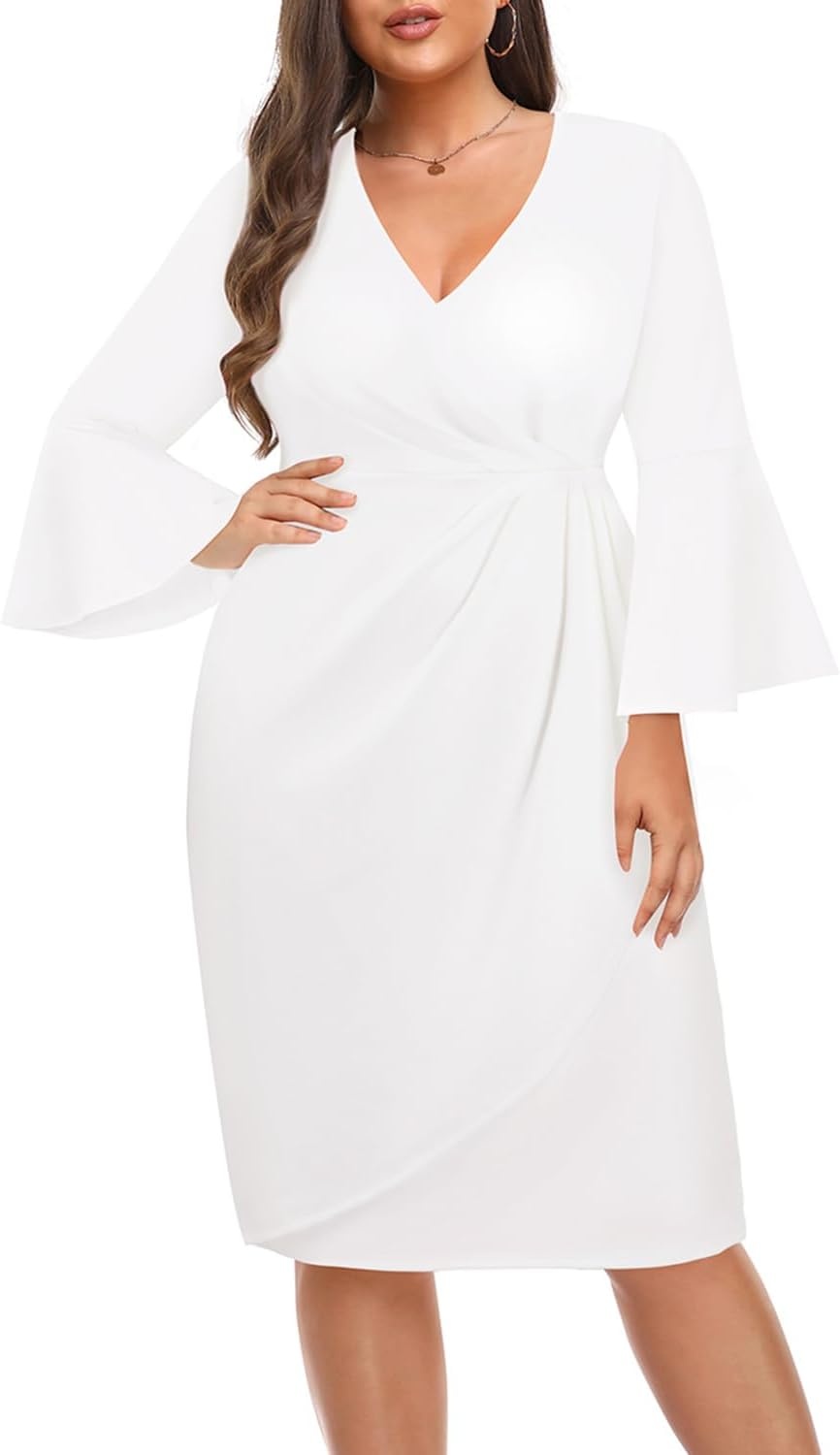 Talisea Women Plus Size Work Dress – Semi Formal Wedding Guest Church Business Office Interview V Neck Bell Sleeve Dress(White)