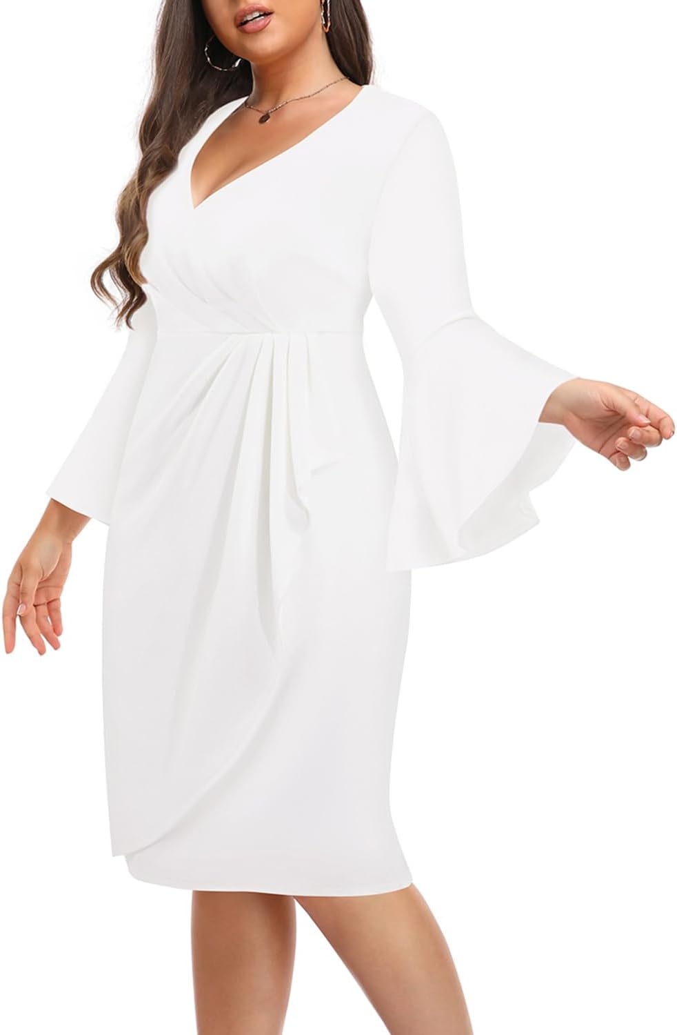 Talisea Women Plus Size Work Dress – Semi Formal Wedding Guest Church Business Office Interview V Neck Bell Sleeve Dress(White)