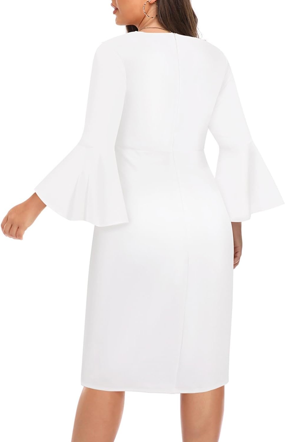 Talisea Women Plus Size Work Dress – Semi Formal Wedding Guest Church Business Office Interview V Neck Bell Sleeve Dress(White)