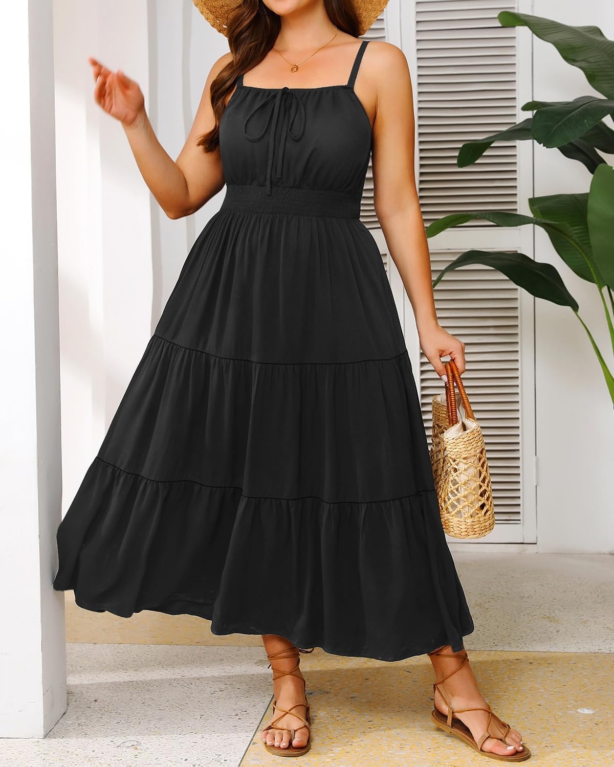 Plus Size Summer Dresses – Boho Maxi Sundress with Pockets Spaghetti Strap Long Casual Sun Dress for Vacation and Beach(Black)
