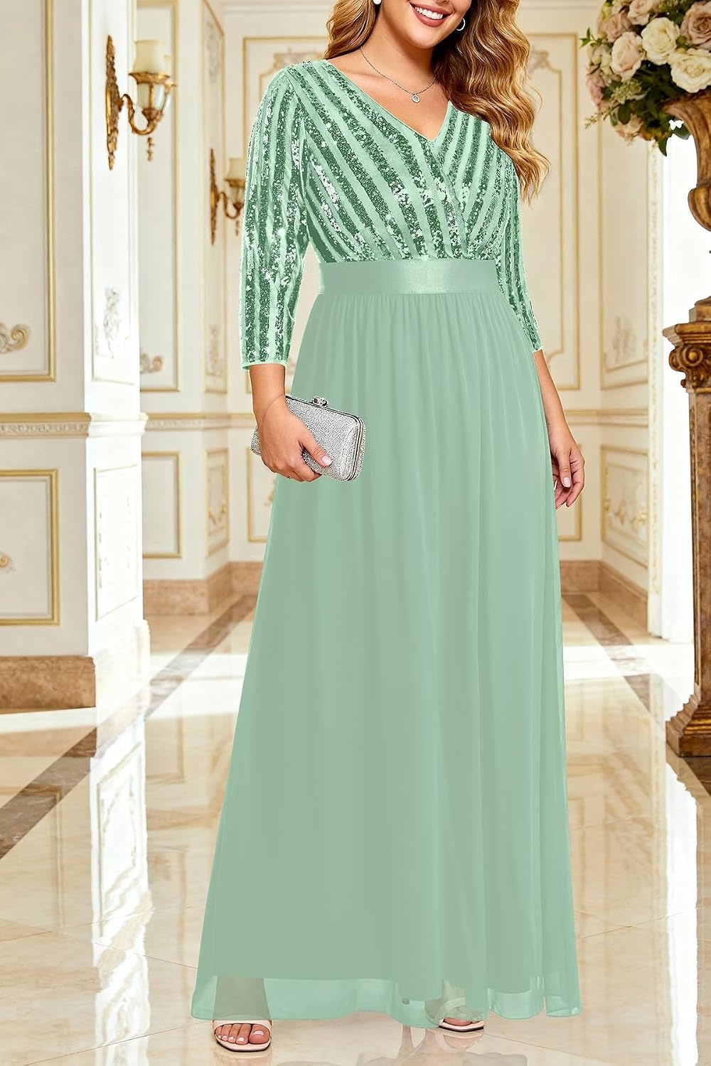 Womens Plus Size Formal Dresses – V Neck 3/4 Sleeve Sequin Prom Evening Gowns Long Maxi Dres(Mint Green)