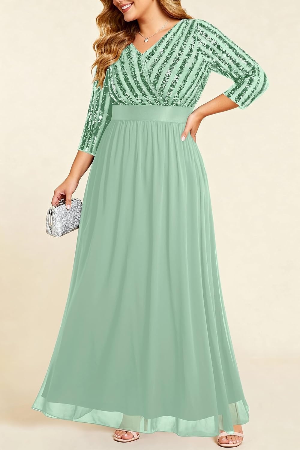 Womens Plus Size Formal Dresses – V Neck 3/4 Sleeve Sequin Prom Evening Gowns Long Maxi Dres(Mint Green)
