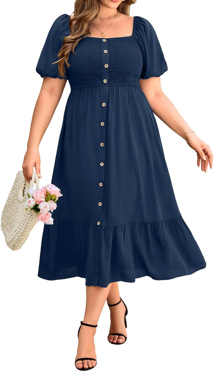 Plus Size Summer Dresses – Boho Casual Wedding Guest Midi Flowy Short Sleeves Smocked Button Down Dress for Curvy Women(Navy Blue)
