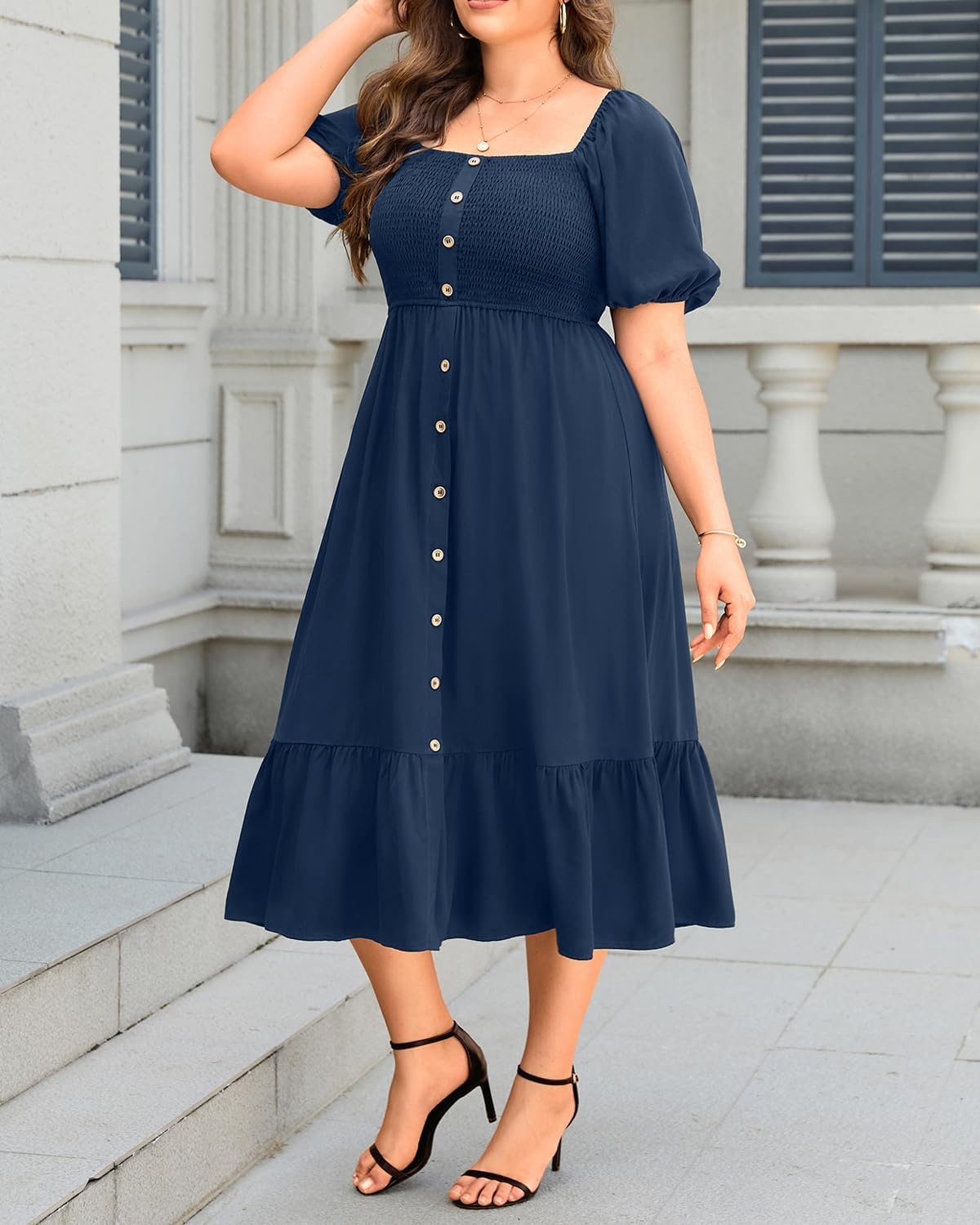 Plus Size Summer Dresses – Boho Casual Wedding Guest Midi Flowy Short Sleeves Smocked Button Down Dress for Curvy Women(Navy Blue)