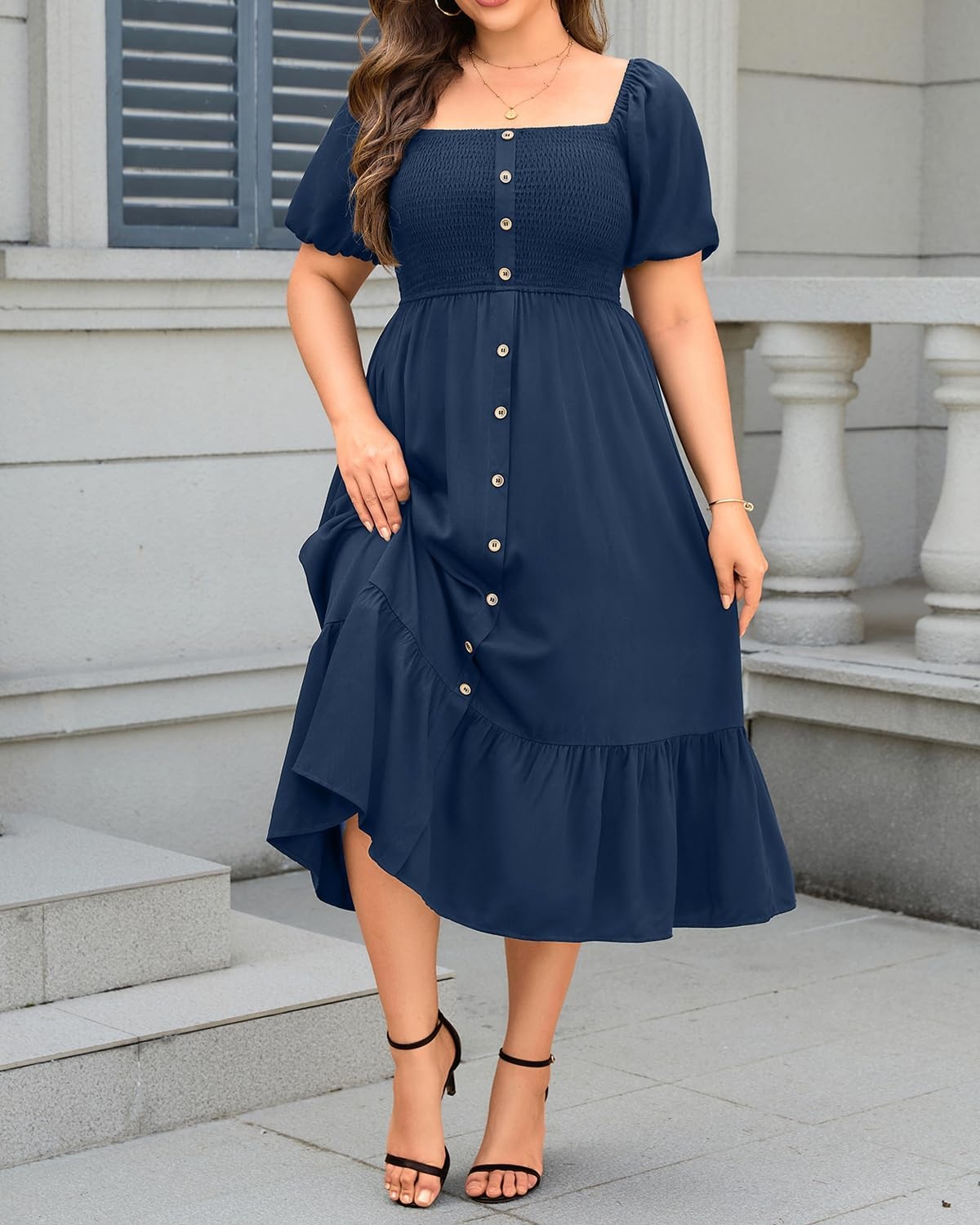 Plus Size Summer Dresses – Boho Casual Wedding Guest Midi Flowy Short Sleeves Smocked Button Down Dress for Curvy Women(Navy Blue)