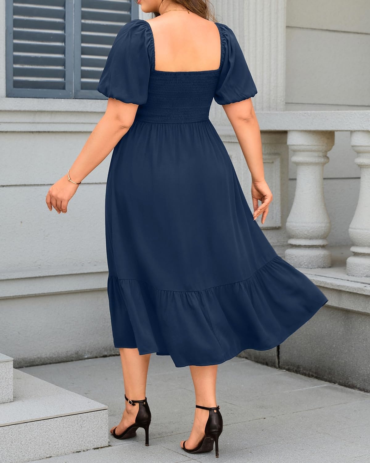 Plus Size Summer Dresses – Boho Casual Wedding Guest Midi Flowy Short Sleeves Smocked Button Down Dress for Curvy Women(Navy Blue)