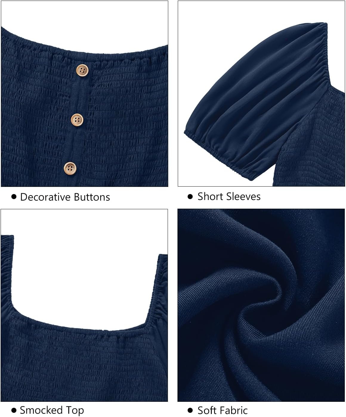 Plus Size Summer Dresses – Boho Casual Wedding Guest Midi Flowy Short Sleeves Smocked Button Down Dress for Curvy Women(Navy Blue)