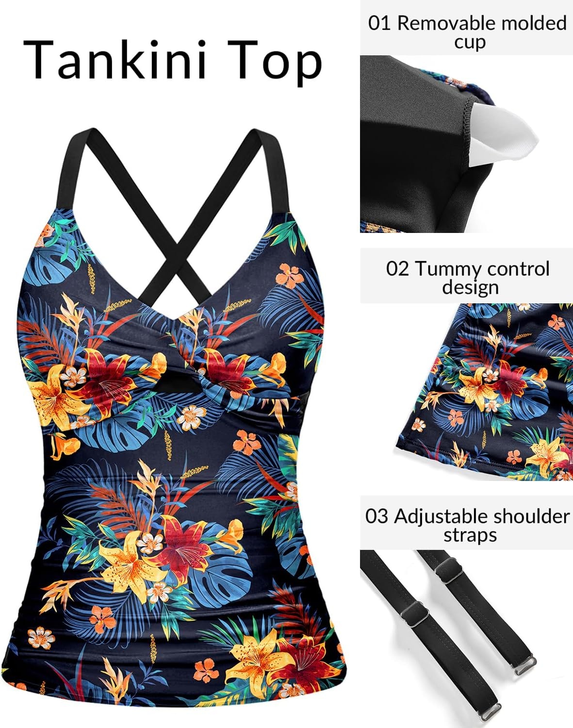 Women Tankini Swimsuit Tops Only – Tummy Control Bathing Suit Top 2025 Modest V Neck Twist Front Cutout Swim Top No Bottom(Black Flower)