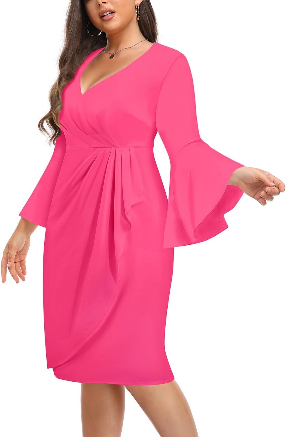 Talisea Women Plus Size Work Dress – Semi Formal Wedding Guest Church Business Office Interview V Neck Bell Sleeve Dress(Hot Pink)