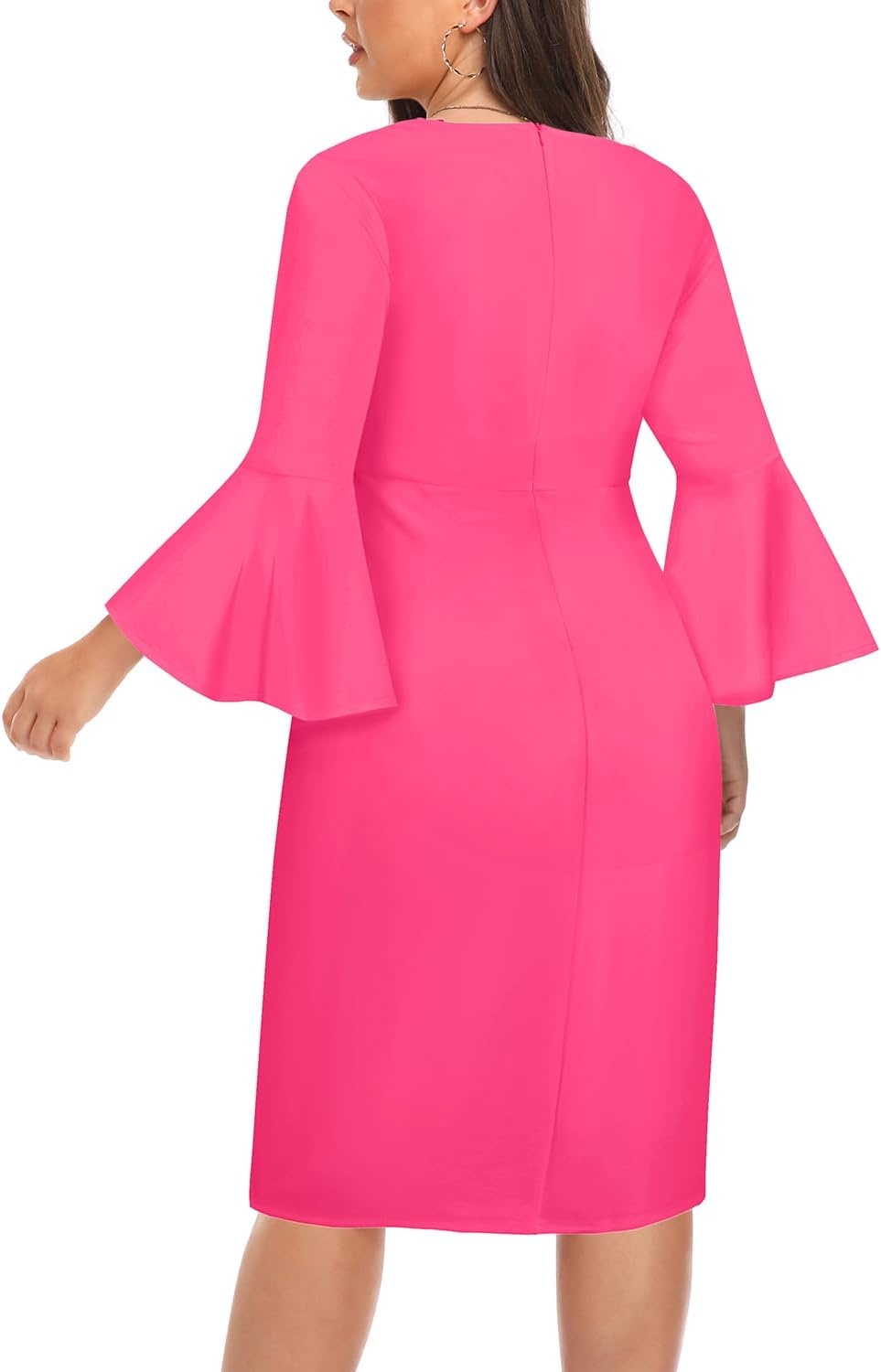 Talisea Women Plus Size Work Dress – Semi Formal Wedding Guest Church Business Office Interview V Neck Bell Sleeve Dress(Hot Pink)