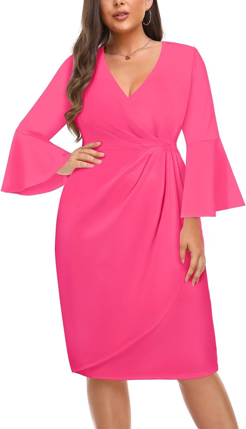 Talisea Women Plus Size Work Dress – Semi Formal Wedding Guest Church Business Office Interview V Neck Bell Sleeve Dress(Hot Pink)