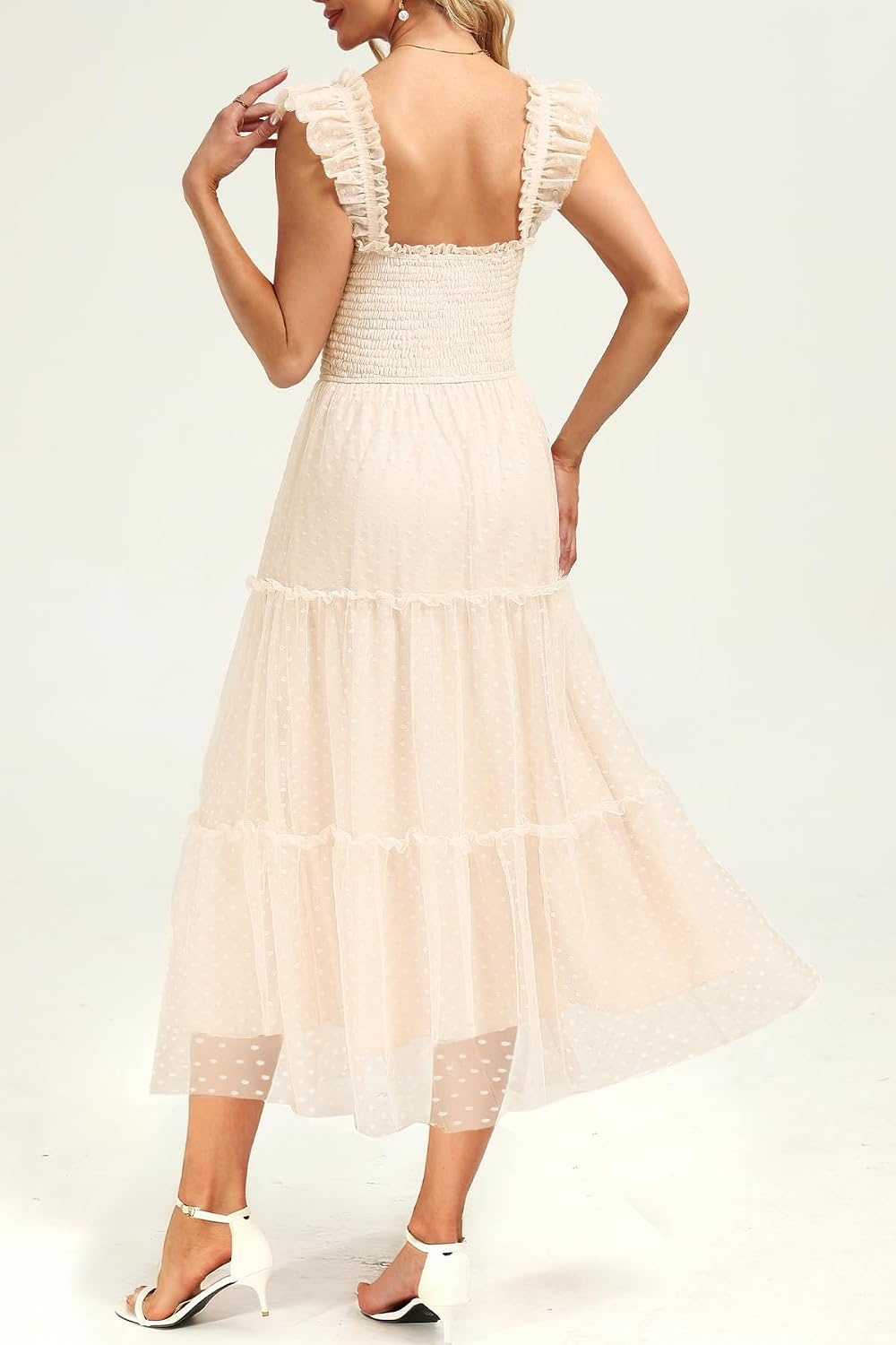 Women’s Wedding Guest Dress Dotted Tulle Smocked Summer Midi Sleeveless | Dotted tulle mesh fabric, Smocked waist design, Midi length party dress(Beige)