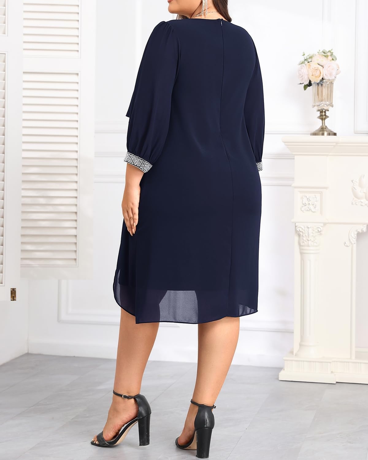 Talisea Plus Size Wedding Guest Dress – Glitter Cape Sleeve Cocktail Dress | Elegant chiffon cape 3/4 sleeves glitter evening party cocktail dress, formal church style for curvy wedding guests.(Navy Blue)
