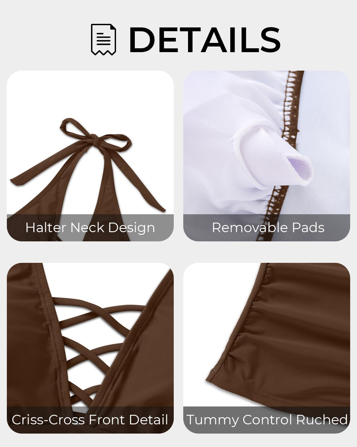 Womens Halter Tankini Tops Only – V Neck Tummy Control Swim Top Lace Up Bathing Suit Ruched Top Only No Bottom 2025(Brown)