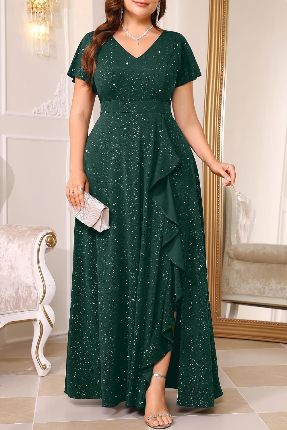 Talisea Plus Size Formal V Neck Ruffle Sleeve High Slit Evening Maxi Dress | Stretch fabric / sparkly or solid / V neck / ruffle sleeves / high slit / flowy maxi / formal evening wear(Sparkly Green)