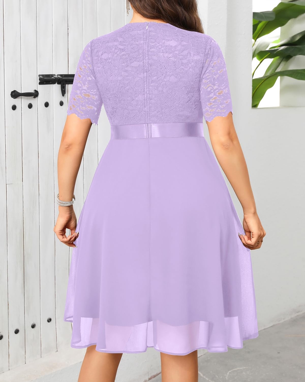 Talisea Plus Size Wedding Guest Lace Chiffon Ruffle Tea Length Dress | Delicate lace bodice / ruffle chiffon skirt / elegant V neck / tea length / light flowy movement(Lavender)