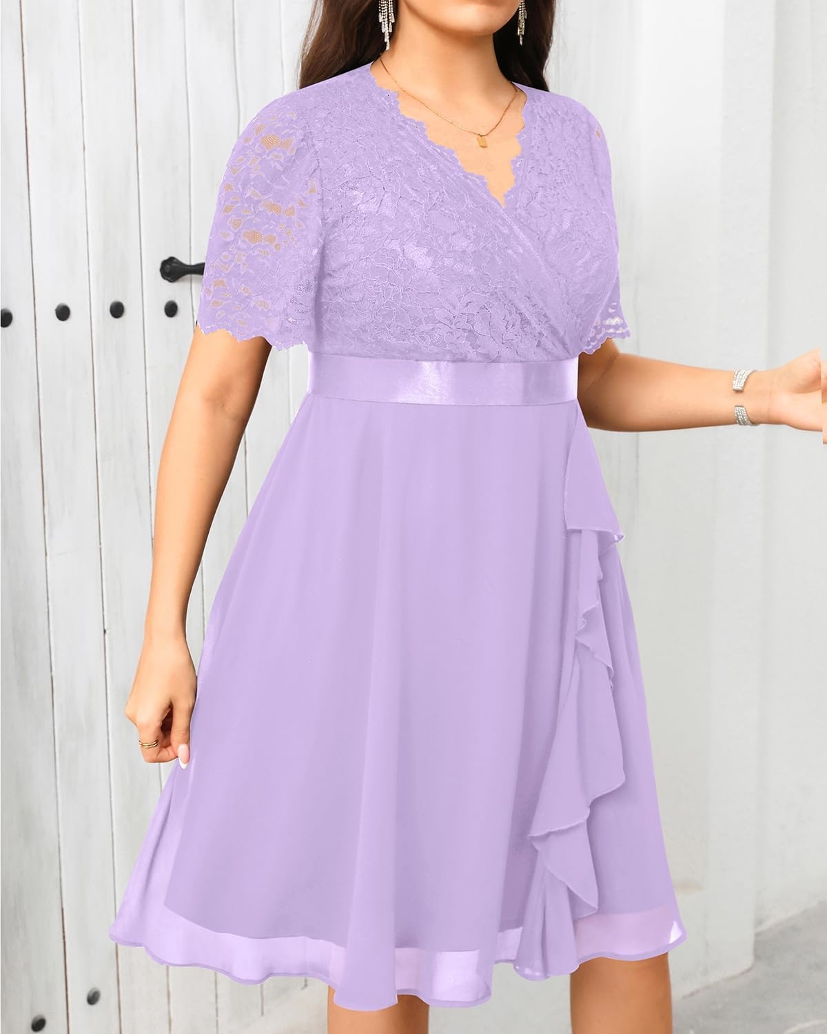 Talisea Plus Size Wedding Guest Lace Chiffon Ruffle Tea Length Dress | Delicate lace bodice / ruffle chiffon skirt / elegant V neck / tea length / light flowy movement(Lavender)