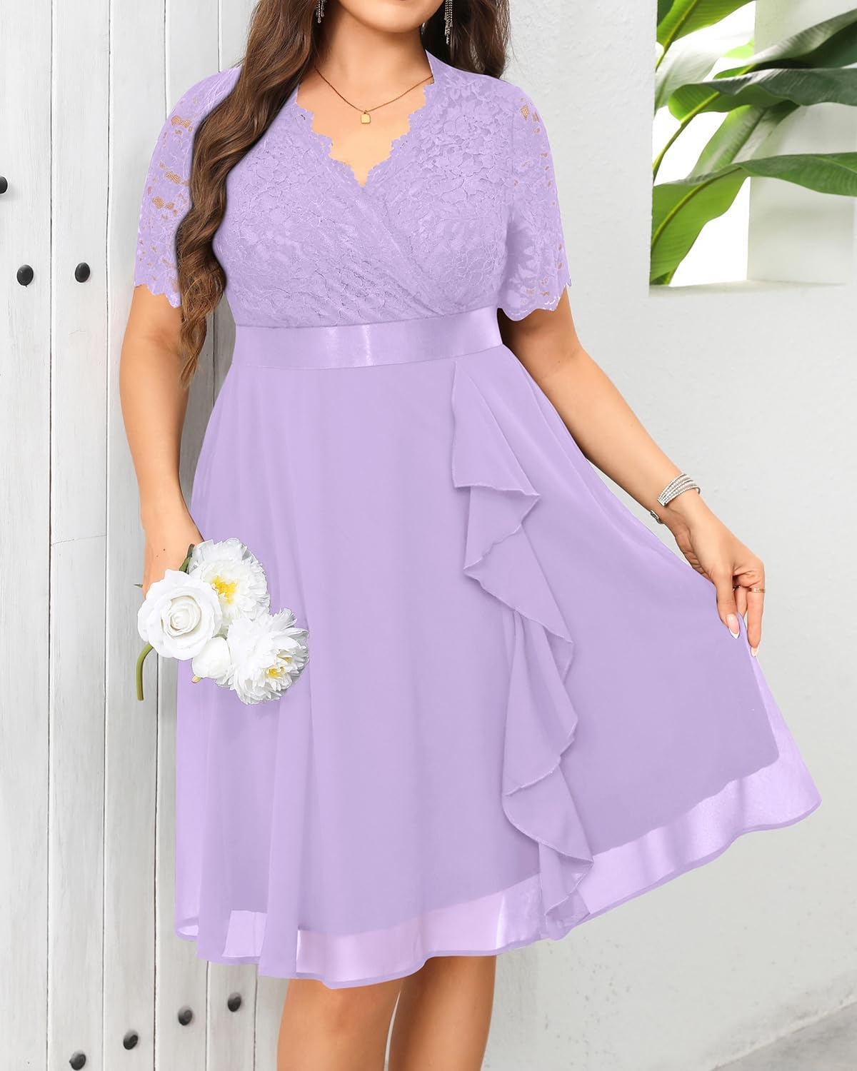 Talisea Plus Size Wedding Guest Lace Chiffon Ruffle Tea Length Dress | Delicate lace bodice / ruffle chiffon skirt / elegant V neck / tea length / light flowy movement(Lavender)