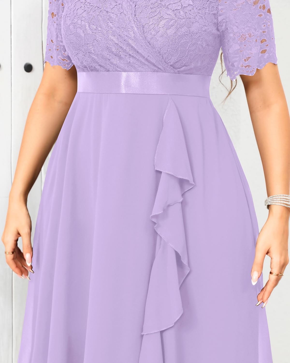 Talisea Plus Size Wedding Guest Lace Chiffon Ruffle Tea Length Dress | Delicate lace bodice / ruffle chiffon skirt / elegant V neck / tea length / light flowy movement(Lavender)