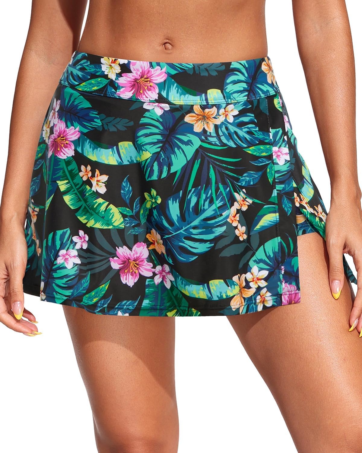 Womens Mid Rise Swim Skirt – Bathing Suit Skirt with Built-in Shorts Split Skort Swimsuit Bottoms Swimwear 2025(Tropical Leaves)