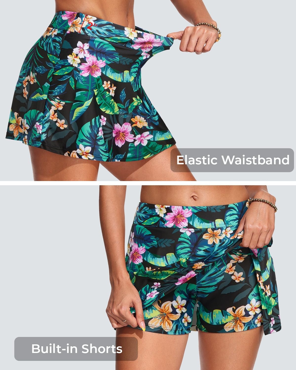 Womens Mid Rise Swim Skirt – Bathing Suit Skirt with Built-in Shorts Split Skort Swimsuit Bottoms Swimwear 2025(Tropical Leaves)