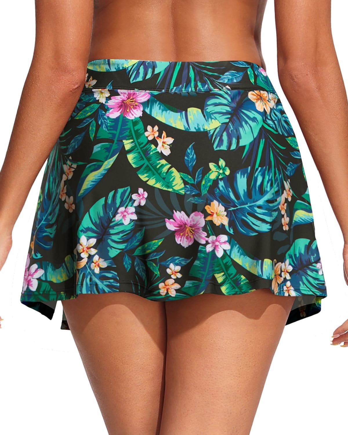 Womens Mid Rise Swim Skirt – Bathing Suit Skirt with Built-in Shorts Split Skort Swimsuit Bottoms Swimwear 2025(Tropical Leaves)