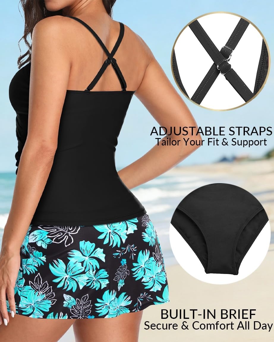 Tankini Bathing Suits with Skirt Two Piece Tummy Control Twist Swimsuits | Adjustable Straps,Slimming Ruching Design,Chic Twist Front and V-Neck,Built-In Safety Brief(Green Floral)