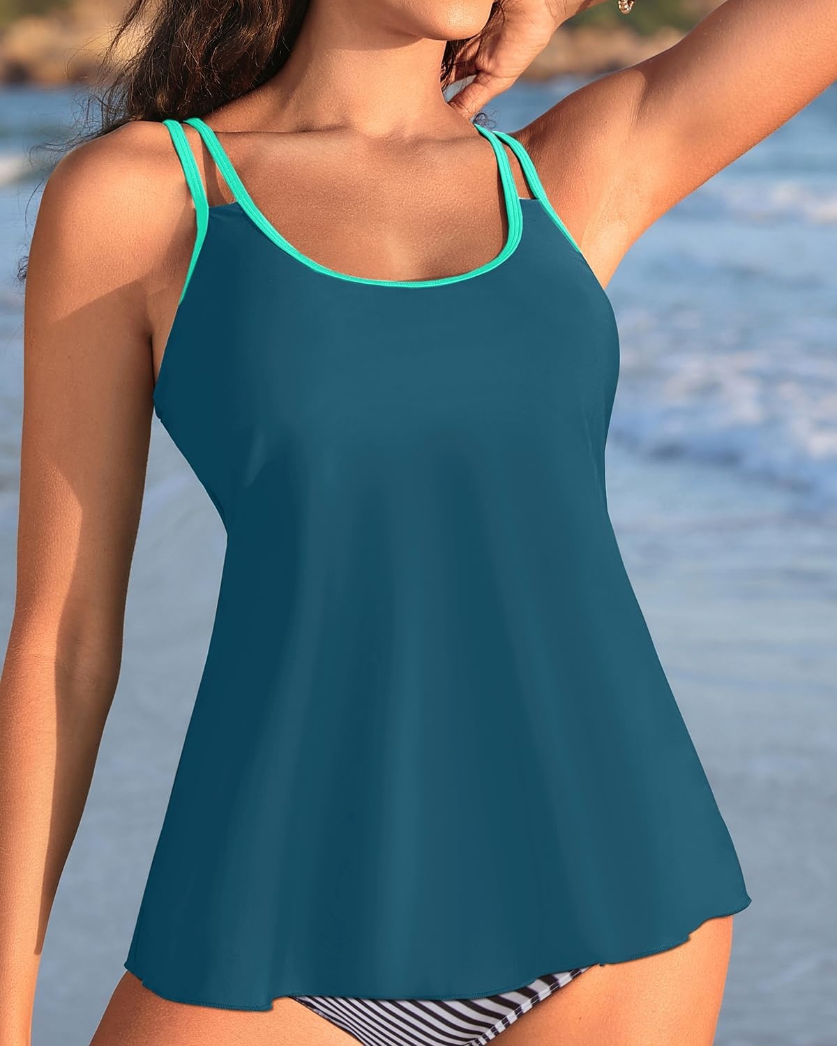 Womens Flowy Tankini Tops Only – Modest Bathing Suit Loose Fit Swimsuit Swim Tops No Bottom 2025 (Available in Plus)(Teal and Green)