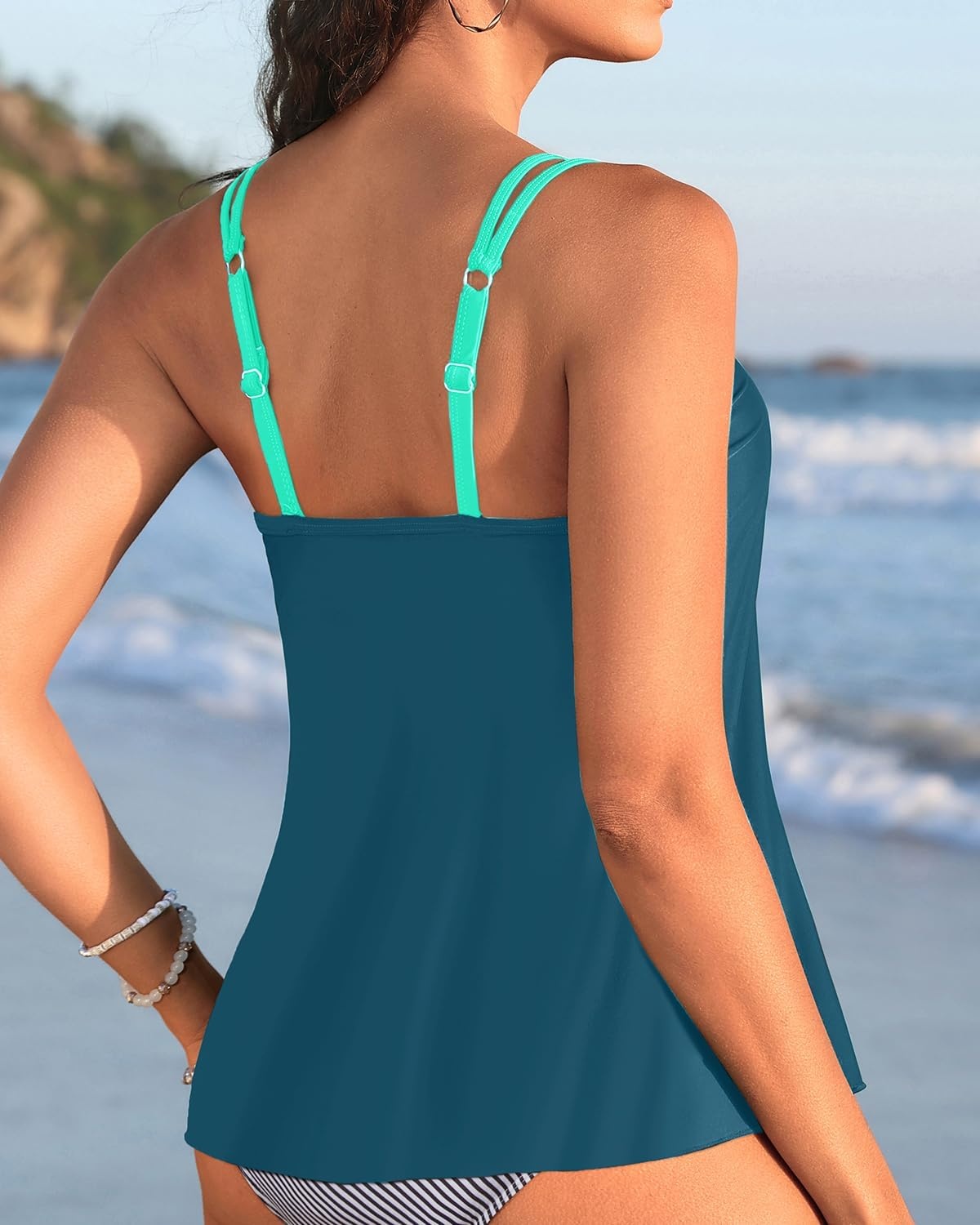 Womens Flowy Tankini Tops Only – Modest Bathing Suit Loose Fit Swimsuit Swim Tops No Bottom 2025 (Available in Plus)(Teal and Green)