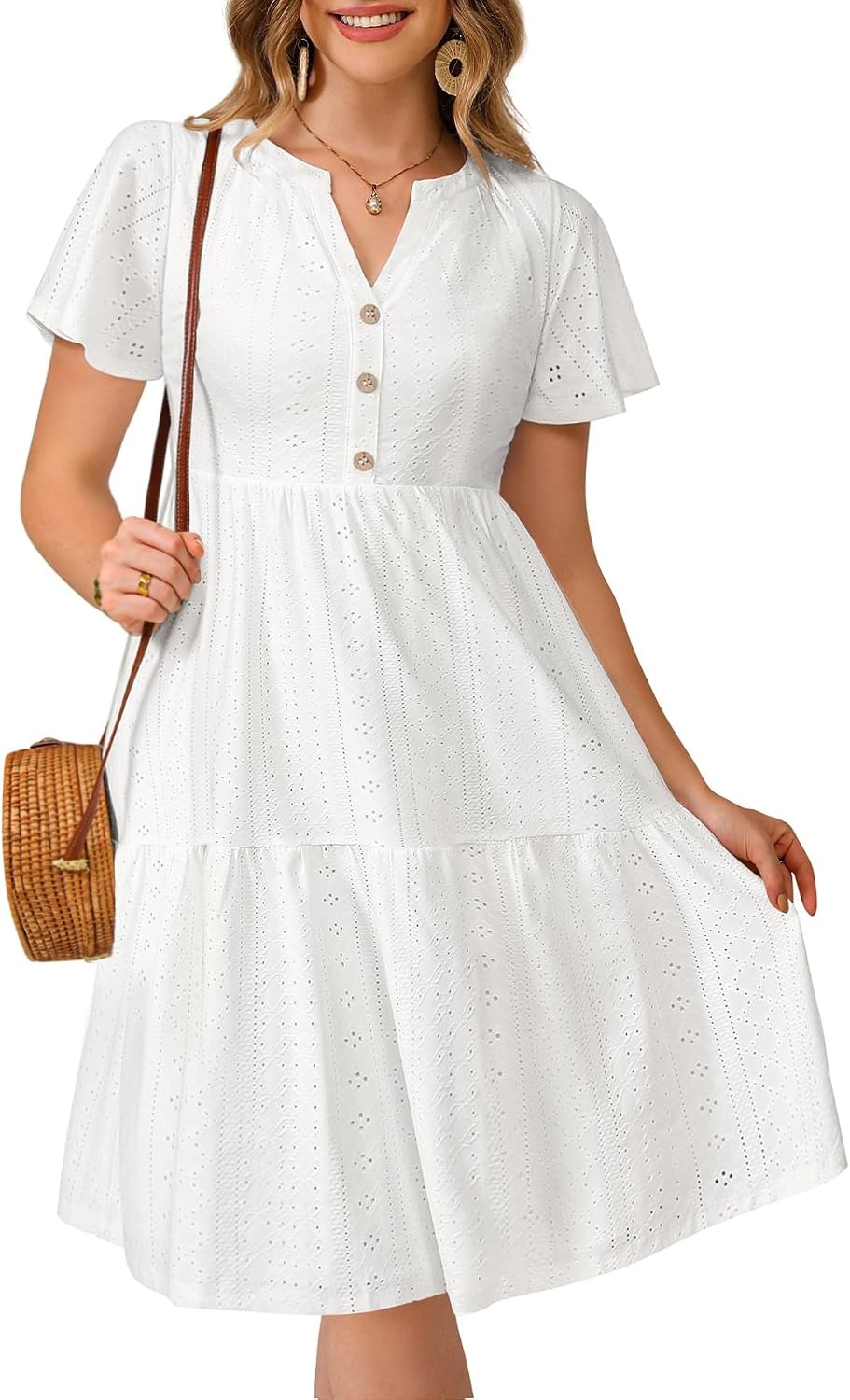 Plus Size Summer Dress – Casual Sundress Beach Short Sleeve V Neck Tiered Button Up Boho Midi Flowy Sun Dresses Women(White Eyelet-regular Size)