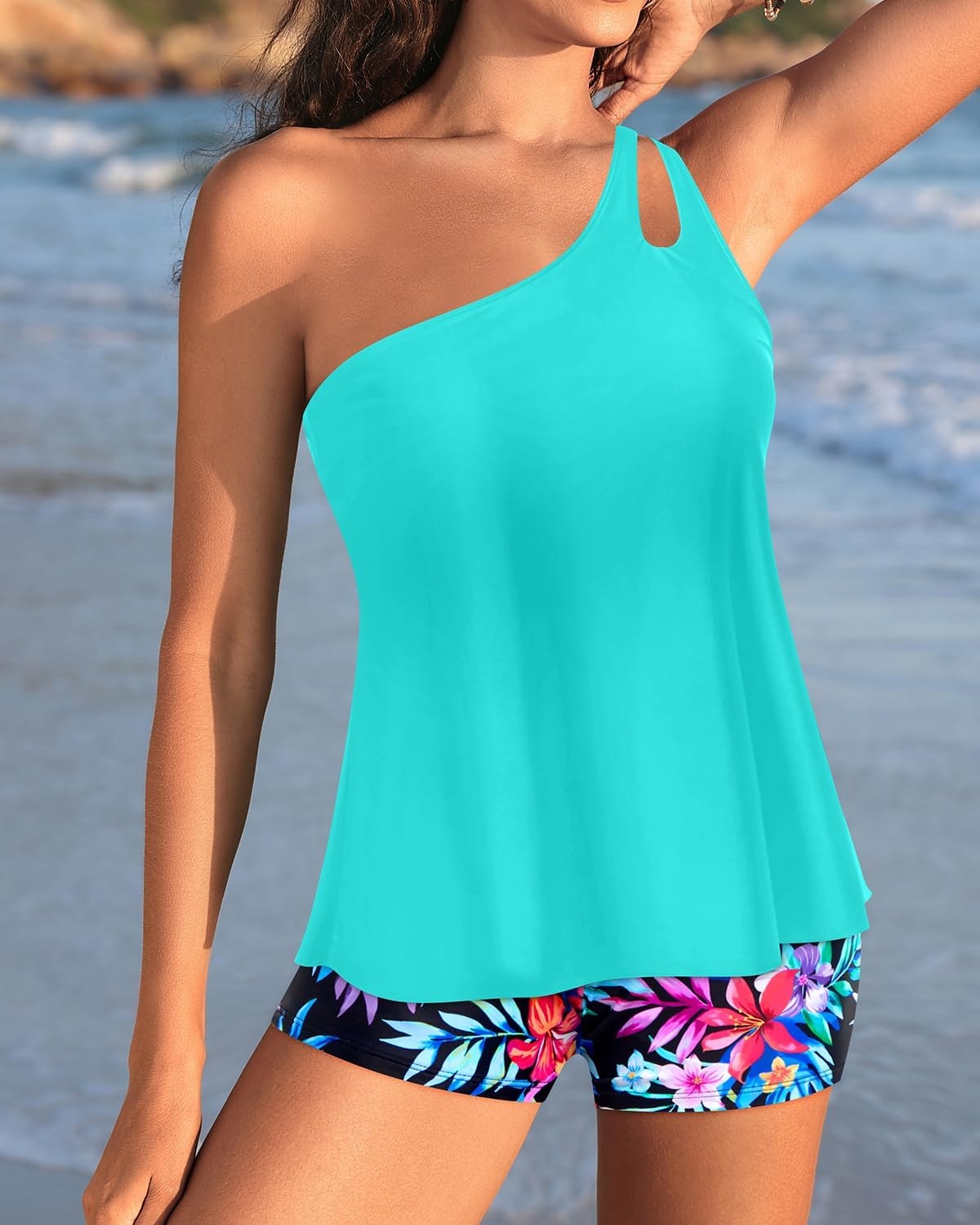 Women Tankini with Shorts – Two Piece Bathing Suits One Shoulder Tummy Control Swimsuit 2025 Flowy Swimwear(Aqua Colorful Floral)