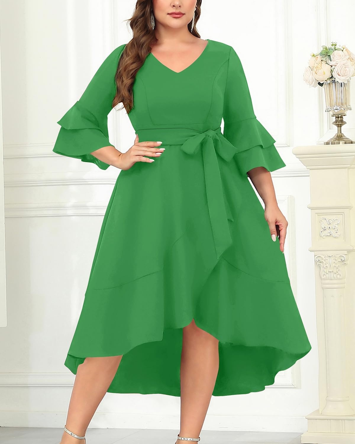 Plus Size Wedding Guest Dress – Semi Formal Double Bell Sleeve V Neck High Low Split Ruffle Cocktail Dresses with Belt(Bright Green)