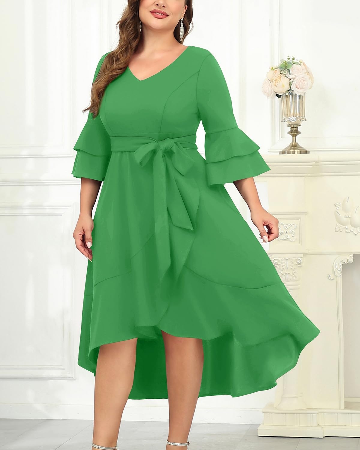 Plus Size Wedding Guest Dress – Semi Formal Double Bell Sleeve V Neck High Low Split Ruffle Cocktail Dresses with Belt(Bright Green)